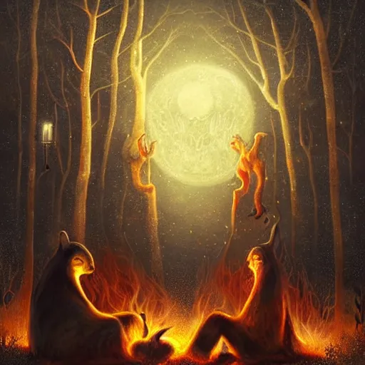 Image similar to strange mythical beasts of sitting around a fire under a full moon, surreal dark uncanny painting by ronny khalil