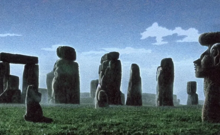 Image similar to movie still from studio ghibli movie showing a highly detailed landscape with a giant long haired buddha in lotus position with stonehenge in the background. 1 9 8 0 s science fiction, 1 9 7 0 s science fiction, cyberpunk, misty, depth perception, 4 k