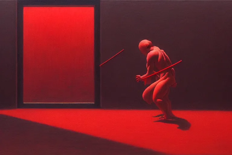 Image similar to only with red, a red samurai do seppuku, tokio, a lot of frogs watch, in the style of beksinski, parts by edward hopper, parts by rodcenko, parts by yue minjun, intricate and epic composition, red by caravaggio, insanely quality, highly detailed, masterpiece, red light, artstation, 4 k