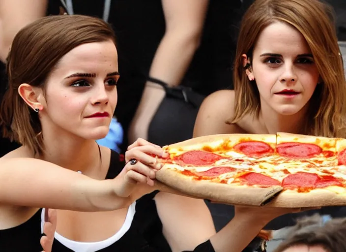 Prompt: emma watson eats a juicy pizza