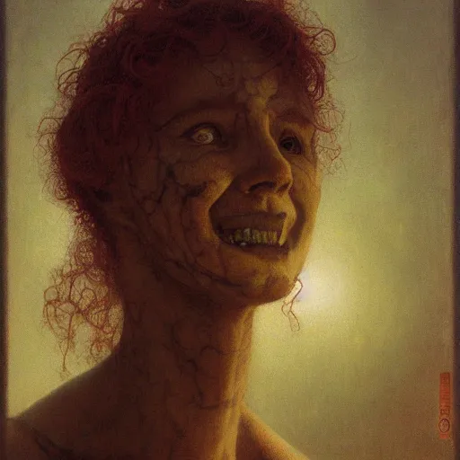 Image similar to evil smile, shore of the lake, woman, wrapped around by tubes and cables, short black curly hair, glowing red, by edgar maxence and ross tran, zdzisław beksinski, and michael whelan, distant, gustav dore, h. r. giger, 8 k, octane render