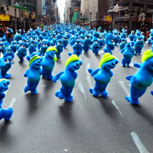 Prompt: a parade of stuffed smurfs marching down 5 th ave manhattan on st. patrick's day, 8 k, photo realistic, extremely life like