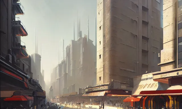 Image similar to A sci-fi digital concept art painting of a street-level view of an art deco city, by greg rutkowski, trending on artstation, highly detailed, matte painting