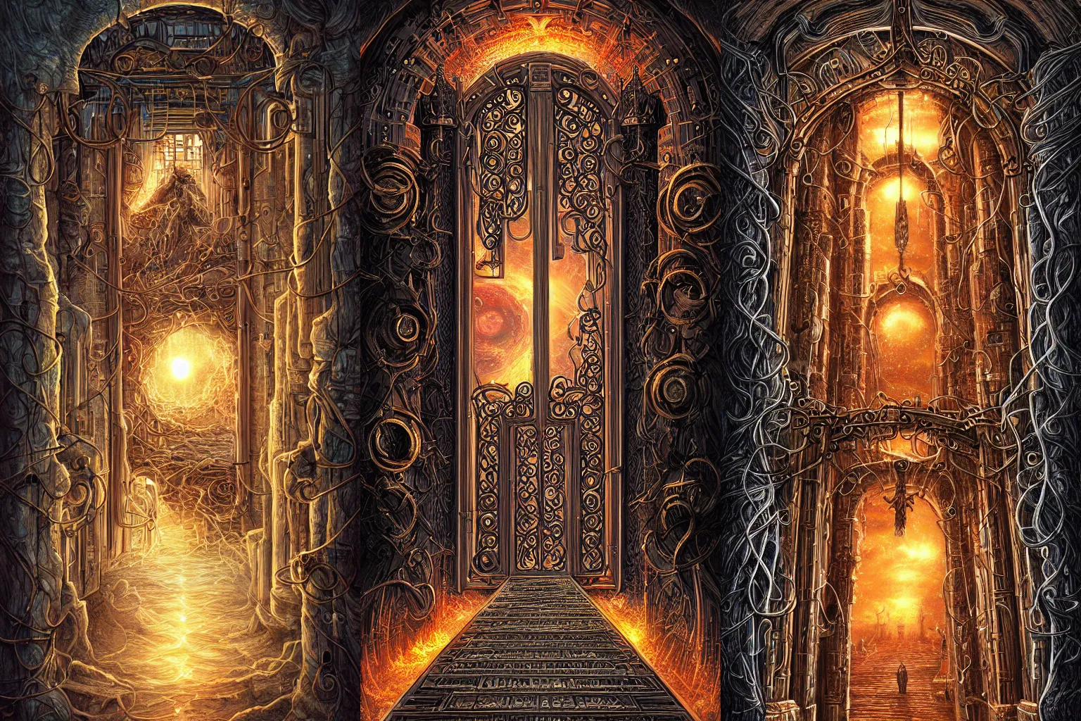 Prompt: The gate to the eternal kingdom of printed circuits, fantasy, digital art, HD, detailed.