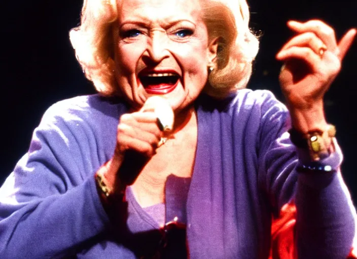 Image similar to publicity photo still of betty white as a gangsta rapper live on stage, 8 k, live concert lighting, mid shot