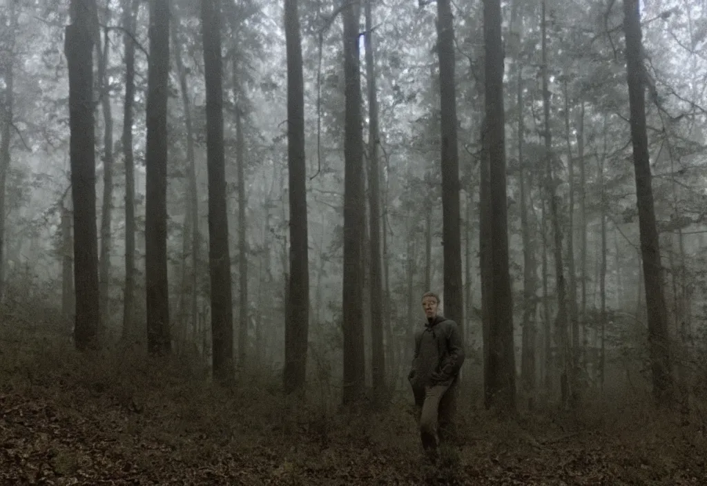 Image similar to low quality iphone photo of mark zuckerberg standing ominously deep in the foggy woods with a demonic smile in his face, low visibility creepy, grainy, trail cam footage