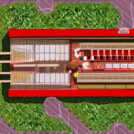 Image similar to isometric top down view of a hotel lobby, full of cherrywood and red carpet, high quality, digital art