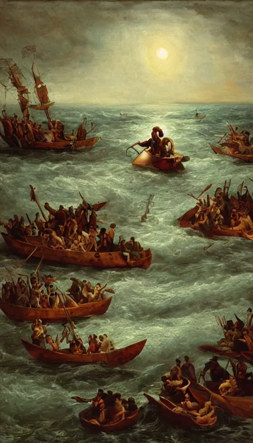 Image similar to man on boat crossing a body of water in hell with creatures in the water, sea of souls, by andre francois