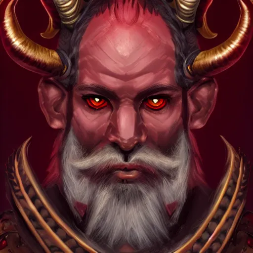 Image similar to dnd style portrait of a tiefling, male, red scales, red skin, a big black beard, completely golden eyes, 2 black ram horns growing out of his forehead,