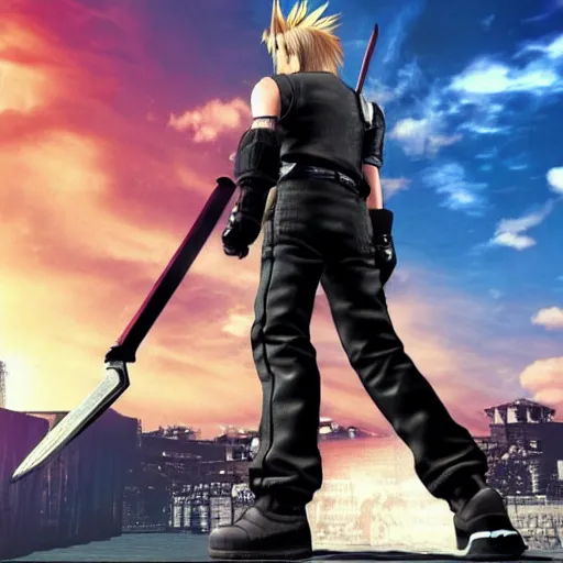 Prompt: Cloud Strife (1997) from Final Fantasy 7, GTA Cover Art, 4k 1080p,