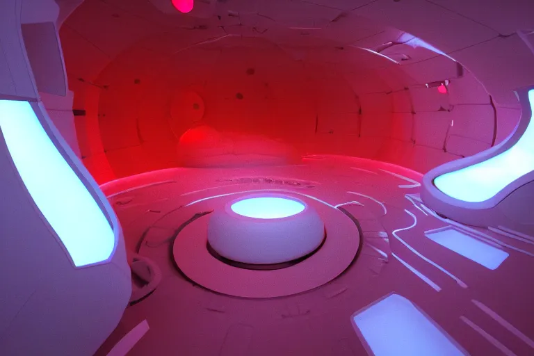 Image similar to interior of cryogenic pods room inisde an alien spaceship, red light on pods, volumetric lighting, atmospheric