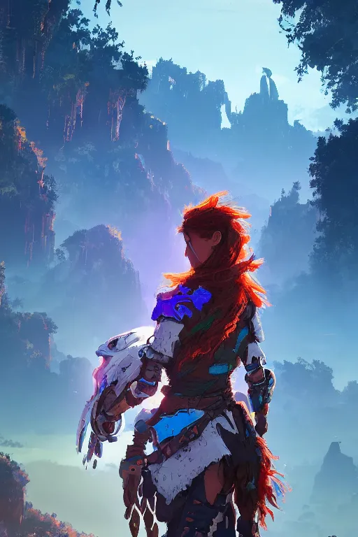 Image similar to combination suit armor aloy horizon forbidden west horizon zero dawn radiating a glowing aura global illumination ray tracing hdr fanart arstation by ian pesty and alena aenami artworks in 4 k tribal robot ninja mask helmet backpack