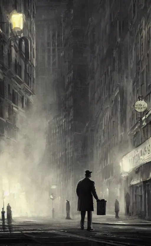 Image similar to private detective in film noir movie scene, smoke, night, city, greg rutkowski, 8 k, shallow depth of field, intricate detail, concept art,