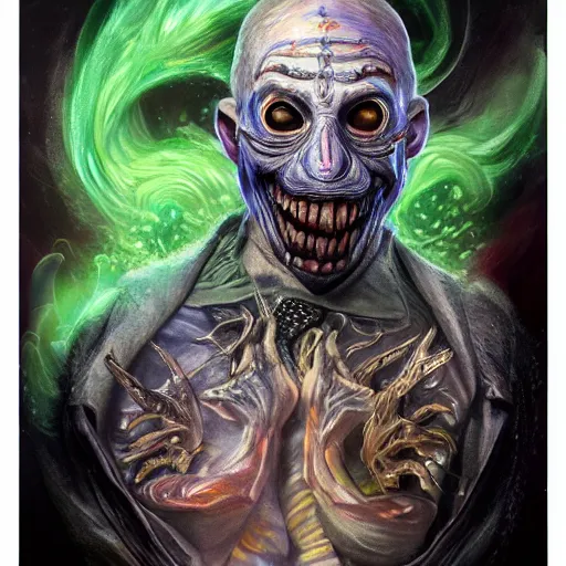 Image similar to 3d render of highly detailed hyper-detailed beautiful mystic portrait of a phantom undead pepe with whirling galaxy around, tattoos by Anton Pieck, intricate, extremely detailed, digital painting, artstation, concept art, smooth, sharp focus, illustration, intimidating lighting, incredible art,