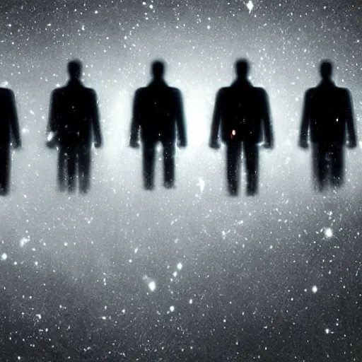 Image similar to a group of faceless shadowy creatures building the universe