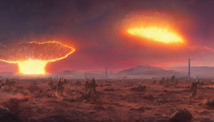 Image similar to troops on sand hill watching nuclear explosion on las vegas in the distance, nuclear cloud, hyperdetailed, artstation, cgsociety, 8 k