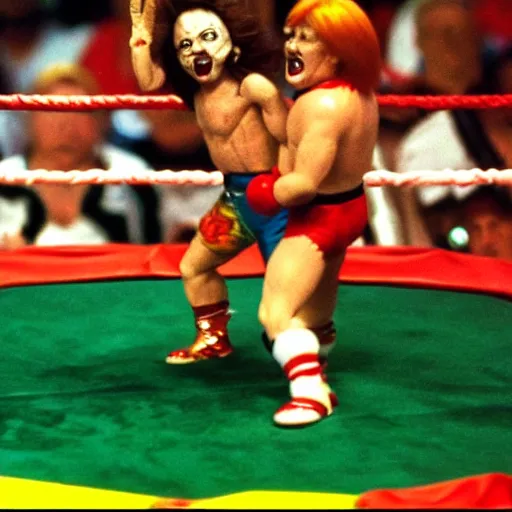 Image similar to screaming chucky doll wrestling hulk hogan wrestlemania iii