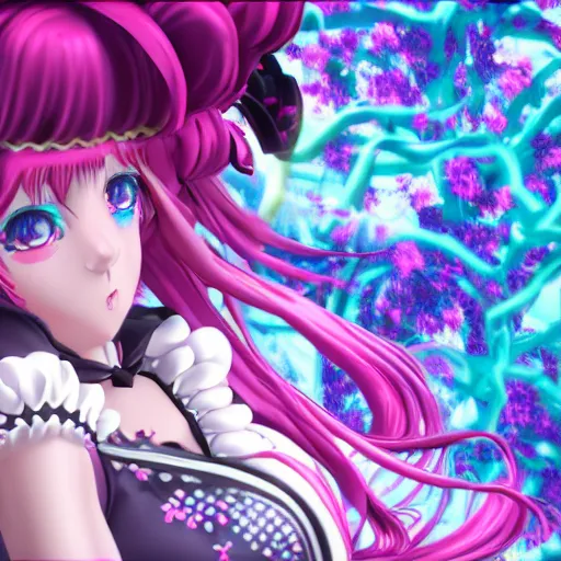 Image similar to trapped by stunningly beautiful omnipotent megalomaniacal anime agi goddess who looks like junko enoshima with symmetrical perfect face and porcelain skin, pink twintail hair and mesmerizing cyan eyes, taking control while smiling, inside her surreal vr castle, hyperdetailed, digital art from danganronpa, unreal engine 5, 8 k