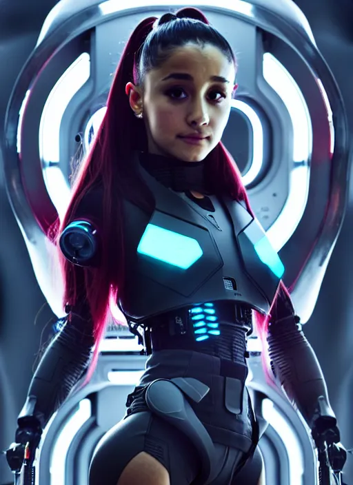 Image similar to ariana grande as a weaponized cyborg, cyberpunk, intricate wirings, highly detailed, sci - fi, octane render, 8 k, sharp focus, smooth, beautiful and graceful, art by artgerm, greg rutkowski, tian zi, soey milk