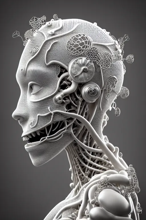 Image similar to bw 3 d render, hyper detailed, stunning beautiful biomechanical albino maniac cyborg with a porcelain profile face, beautiful natural soft rim light, big leaves and stems, roots, fine foliage lace, alexander mcqueen, studio ghibli, herge, art nouveau fashion embroidered, steampunk, silver filigree details, hexagonal mesh wire, mandelbrot fractal, 8 k