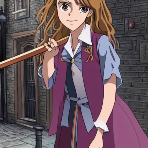 Image similar to emma watson as hermione granger as an anime character, holding a wand, standing in anime diagon alley