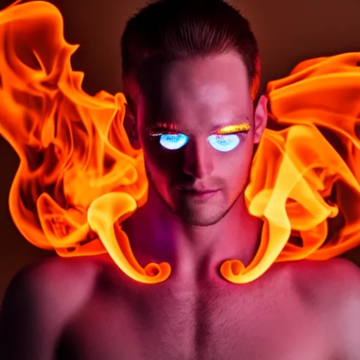 Prompt: a male model with glowing fire eyes, frontal view, cool looking