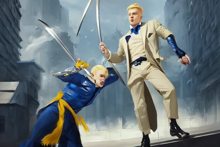 Image similar to a blond man in a blue suit attacked by flying swords, organic painting, sunny day, matte painting, bold shapes, hard edges, street art, trending on artstation, by huang guangjian, gil elvgren, ruan jia, randy vargas, greg rutkowski