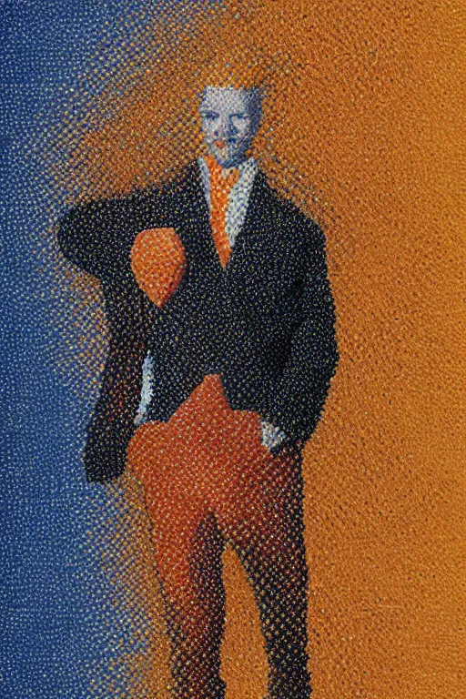 Image similar to a scene depicting a orange haired character wearing a voluminous suit made from linen and transparent plastic, pointillism, super detailed, soft light