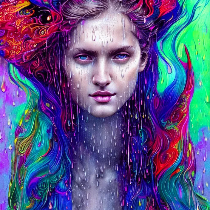 Image similar to bright psychedelic portrait with rain on face and wet hair, wings, smiling, diffuse lighting, fantasy, intricate, elegant, highly detailed, lifelike, photorealistic, digital painting, artstation, illustration, concept art, smooth, sharp focus, art by John Collier and Albert Aublet and Krenz Cushart and Artem Demura and Alphonse Mucha