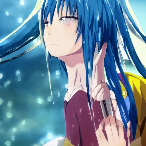 Prompt: rimuru tempest from that time i got reincarnated as a slime, with long blue hair in a ponytail, with bangs, pale skin, yellow eyes, fully clothed in red robes, highly detailed, 8 k, octane render, professional portrait, realistic, rainy window, volumetric lighting, water droplets frozen in time, sprites, god rays,