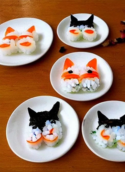 Image similar to clear photorealistic picture of adorable cats made from sushi rice, sitting on sushi plates with garnish