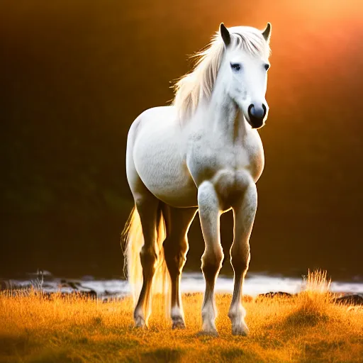 Prompt: photographic portrait of a stunningly beautiful ethereal highlands renaissance wild horse in soft dreamy light at sunset, beside the river, soft focus, contemporary fashion shoot, hasselblad nikon, in a denis villeneuve and tim burton movie, by edward robert hughes, annie leibovitz and steve mccurry, david lazar, jimmy nelsson, extremely detailed, breathtaking, hyperrealistic, perfect face
