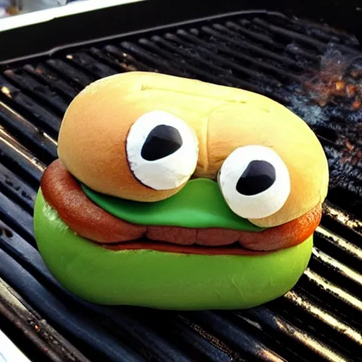 Image similar to pepe the frog in a hot dog bun on a grill.