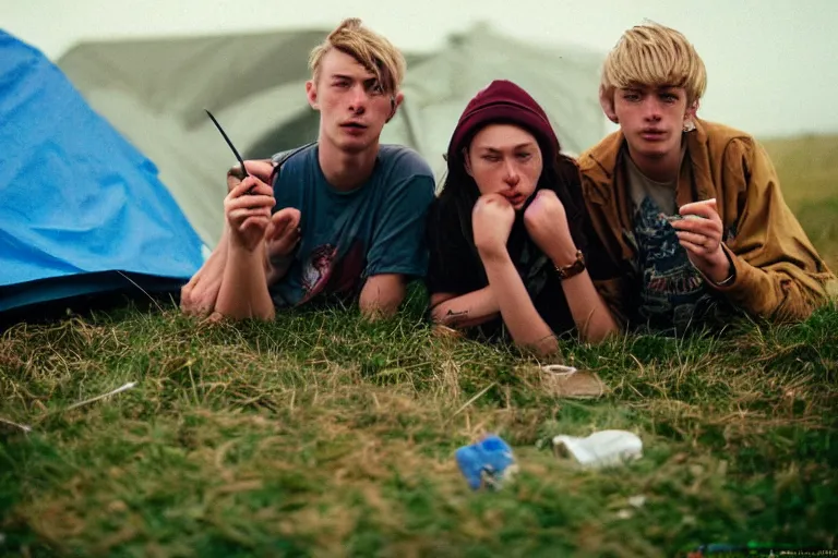 Image similar to candid photo of 3 teenagers camping at Glastonbury, UK, Kodak Portra 200,8K,highly detailed: beautiful perspective closeup environmental portrait photo in style of 2000s retrofuturism, cinema lighting , by beksinski, photography fashion edition, tilt shift, highly detailed, focus on man ;blonde hair;blue eyes, clear eyes, soft lighting