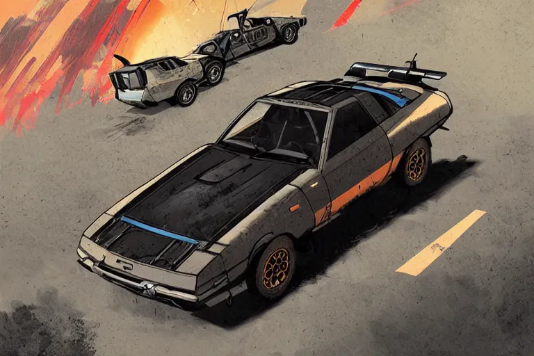 Prompt: digital illustration of mad max's toyota mr 2 pursuit special, by makoto shinkai, ilya kuvshinov, lois van baarle, rossdraws, basquiat