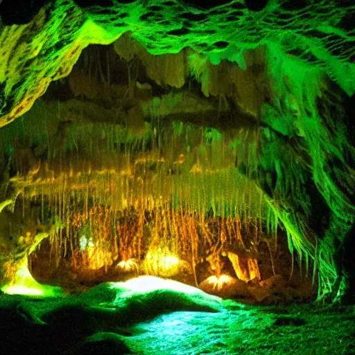 Prompt: a beautiful bioluminescent mushroom cave scene