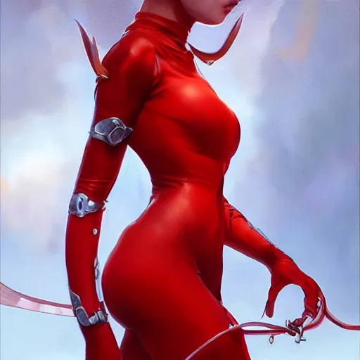 Image similar to a female with red horns wearing a skintight red mechanics jumpsuit, intricate, elegant, highly detailed, digital painting, artstation, concept art, smooth, sharp focus, illustration, art by artgerm and greg rutkowski and alphonse mucha, 8 k