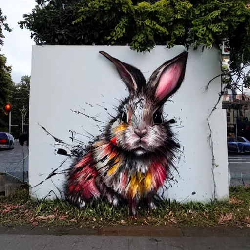 Prompt: street art of a bunny, bordalo ii artstyle, messy