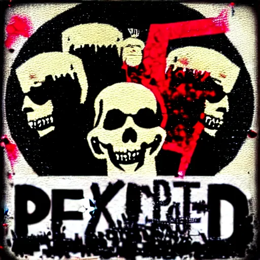 Prompt: painting on a badge, punks not dead!, exploited!!, clash, junk yard, rats!!, god save the queen!!!, punk rock album cover art style, grunge, no future!!!!, glitch effect