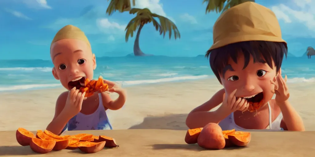 Image similar to a wholesome animation key shot of a kid eating a sweet potato at a tropical beach, medium shot, waist up, studio Pixar and Disney animation, sharp, very detailed, high resolution, Rendered in Unreal Engine 5, anime key art by Greg Rutkowski, Bloom, dramatic lighting