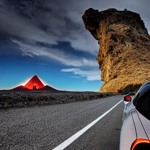 Prompt: kia stinger gt driving towards mount doom | eye of sauron watching over in the background | wide angle photograph | high resolution