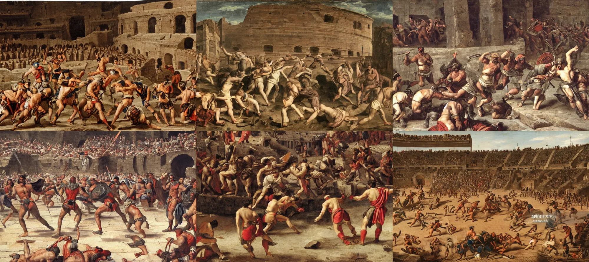 Prompt: Gladiators fighting in a roman colosseum