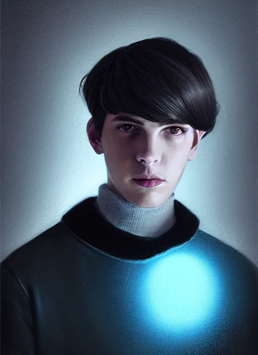 Image similar to portrait of teenage jughead jones wearing a light grey crown, crown, blue turtleneck, closed eyes, photorealistic, black hair, glowing lighting, intricate, elegant, glowing lights, highly detailed, digital painting, artstation, concept art, smooth, sharp focus, illustration, art by wlop, mars ravelo and greg rutkowski