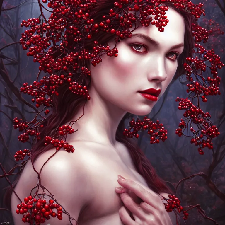 Prompt: a wonderful crimson goddess, lots of branches, leaves and white berries of blackberries, wonderful eyes, symmetrical, fantasy, highly detailed, realistic, complex, fantasy, over - detailed, elegant, complex, dynamic lighting, hyperrealism, digital art, artstation, wlop, clear focus, illustrations by filipe pagliuso and justin gerard