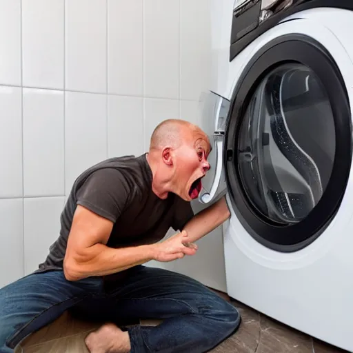 Prompt: angry furious man poking his head out of a washing machine and shouting at the camera