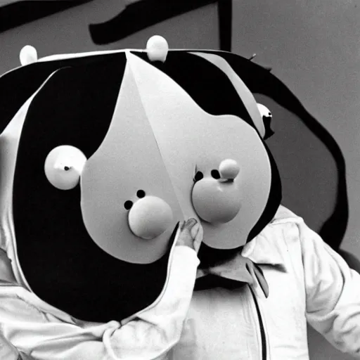 Image similar to Still from a children's television show about people dressed as nostrils, 1980