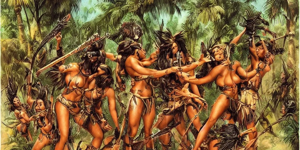 Image similar to battle in jungle, brutal aztec and Amazonian females fight, epic, vintage, blood, slight inspiration of Boris vallejo and apocalypto