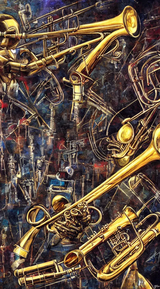 Image similar to jazz, trumpet, sci fi, music notes, robot, wallpaper, masterpiece, hdr