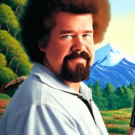 Prompt: a closeup photorealistic photograph of bob ross crafting an image of kenny powers baseball, a painting on a canvas. mountains and trees. film still. brightly lit scene. this 4 k hd image is trending on artstation, featured on behance, well - rendered, extra crisp, features intricate detail, epic composition and the style of unreal engine.