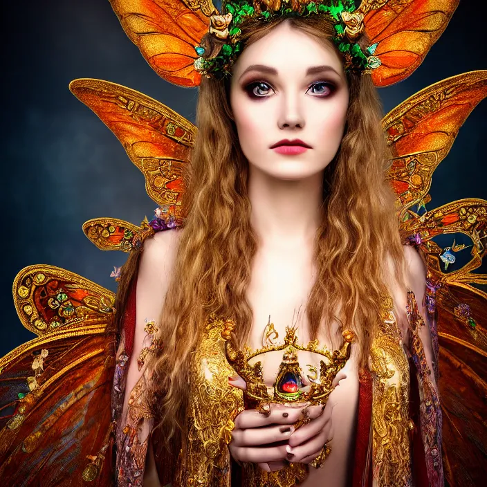 Image similar to photo of a very beautiful!! fairy queen with ornate robes, highly detailed, 4 k, hdr, smooth, sharp focus, high resolution, award - winning photo